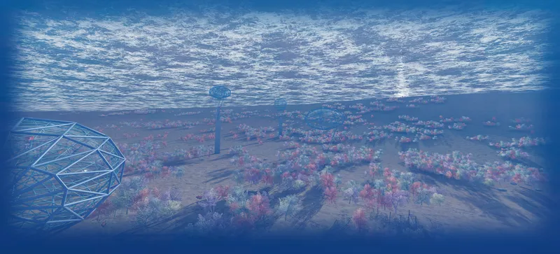 Aerial view of the geodesic sphere and vertical tower standing among pink flowering trees under a clouded sky