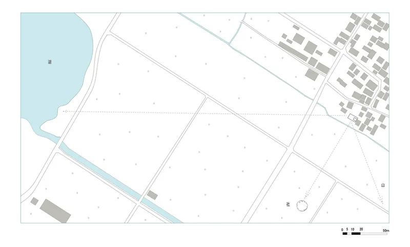 Site plan: the house on its lot between rice paddies and village, Lake Biwa to the west, shrine to the south, mountain to the east