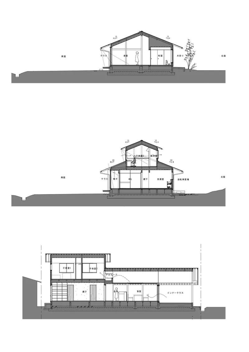 Three sections: cross-section through living room with mezzanine, cross-section through bedrooms, longitudinal section showing engawa and inner terrace