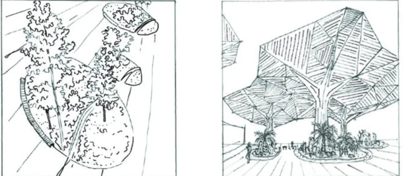 Concept sketches: organic sculptural forms and a timber canopy pavilion sheltering a public gathering space