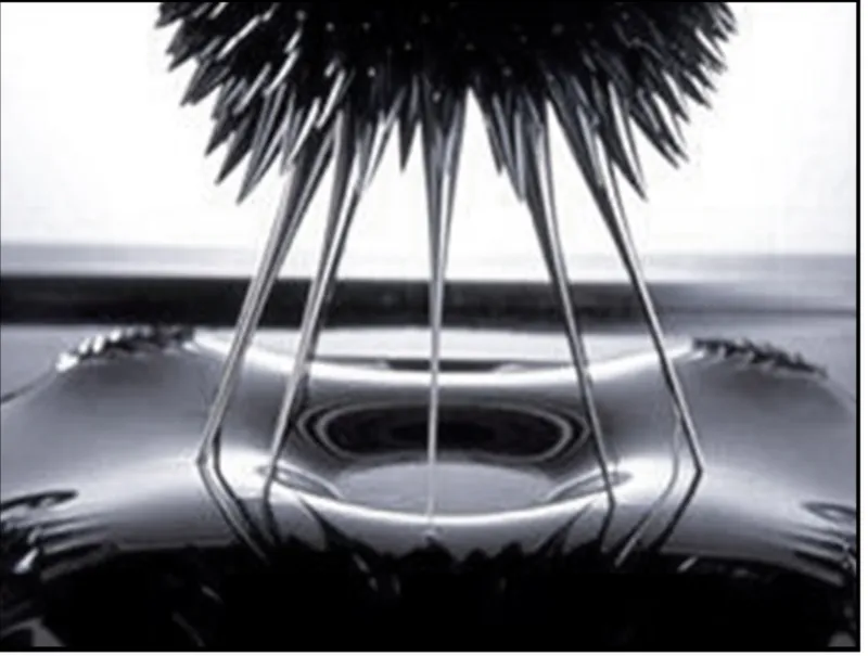 Ferrofluid forming sharp spines under a magnetic field: the material principle behind the building's responsive spatial system