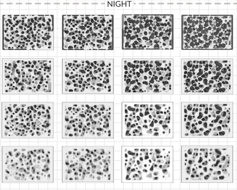 Floor plan variations across a night cycle showing the building's organic cellular layout shifting and reconfiguring over time