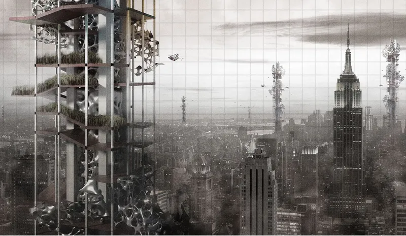 The Fluid Spaces tower rising above the Manhattan skyline with organic porous structure, green terraces, and drones in the haze