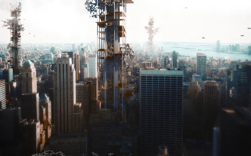 Closer view of the tower among Midtown skyscrapers: a skeletal structural frame filled with organic, continuously evolving spatial infill