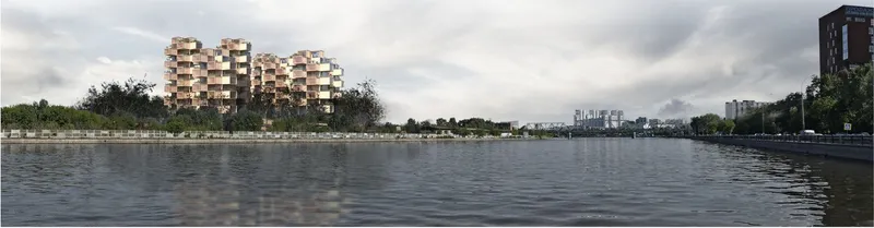 Panoramic waterfront view of the Hustle Hub co-living cluster: low-rise timber buildings with planted terraces along a harbour edge