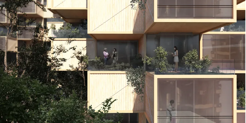 Facade close-up: cantilevered timber-clad modules with full-height glass, planted balconies, and residents visible inside their units