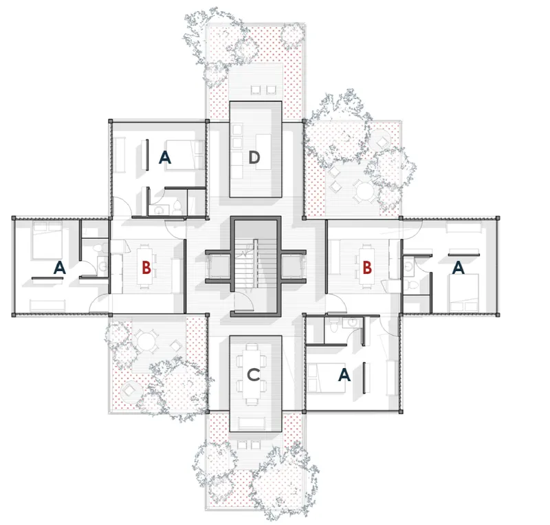 Typical floor plan: cruciform layout with four unit types (A, B, C, D) arranged around a central stair core, pink-shaded shared zones, and trees at the edges