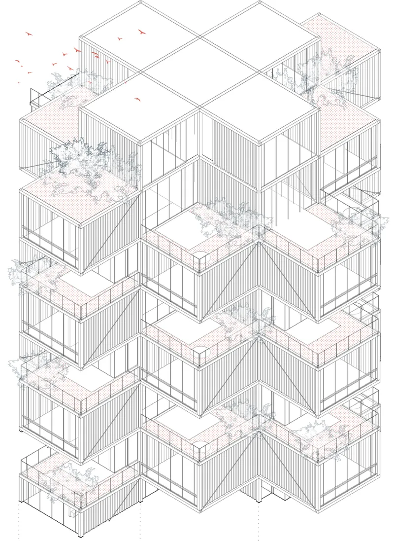 Full building axonometric: timber-framed tower with stacked modular units, open terraces, and vegetation integrated at every level from ground to rooftop