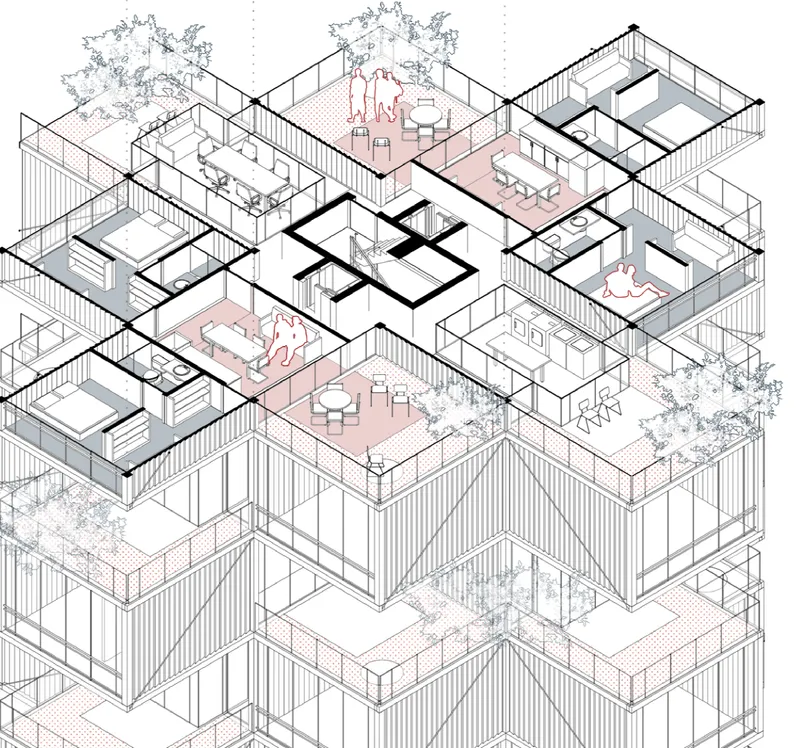 Exploded axonometric showing private units (white) and shared communal spaces (pink) stacked around a central circulation core with planting on every terrace