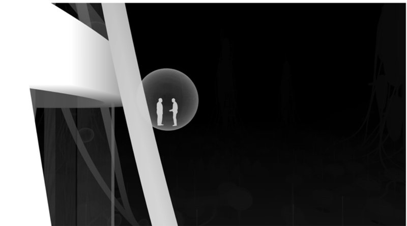 Two figures meeting inside a transparent sphere pod suspended between structural members at night