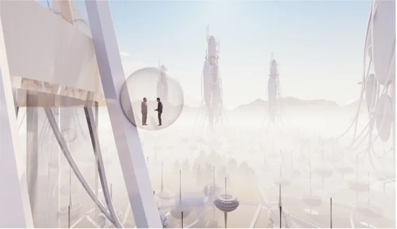 Panoramic view across the Anti-Pelago network with tower structures, bubble pods, and mesh canopies rising from the desert