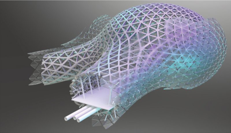 Structural detail of a single habitat module showing the triangulated mesh shell and internal platform with utility conduits