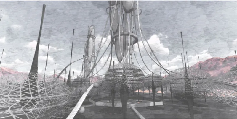Ground-level perspective of the settlement showing the central tower, curved tube connectors, and mesh-covered ground plane with desert mountains beyond