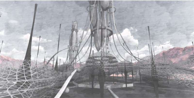Ground-level perspective of the settlement showing the central tower, curved tube connectors, and mesh-covered ground plane with desert mountains beyond