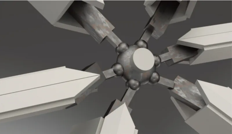 Central hub node with six radial connector arms extending outward to adjacent habitat modules