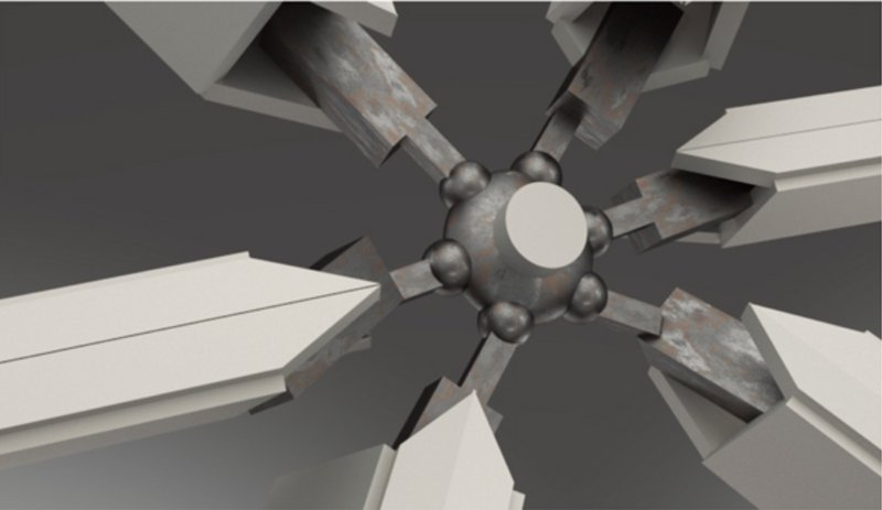 Central hub node with six radial connector arms extending outward to adjacent habitat modules
