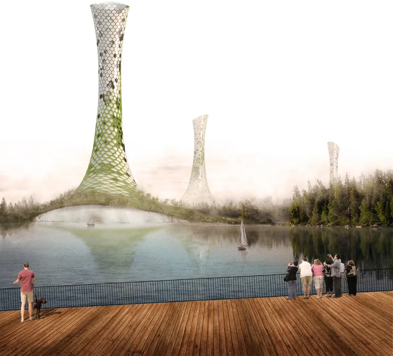 Two organic Mother Towers rising from a lakeside landscape with hexagonal perforated facades, green patches, and people gathering on a timber viewing deck
