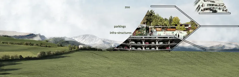 Section through the Mother Tower base showing underground parking levels, infrastructure, a zoo, and a green-roofed public terrace at ground level