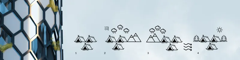 Hexagonal facade detail with integrated vegetation (left) and seasonal migration diagrams showing how dwelling modules cluster and disperse between towers (right)