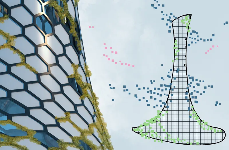 Close-up of the hexagonal facade with growing vegetation and a tower elevation diagram showing the distribution of detachable living modules across the structure