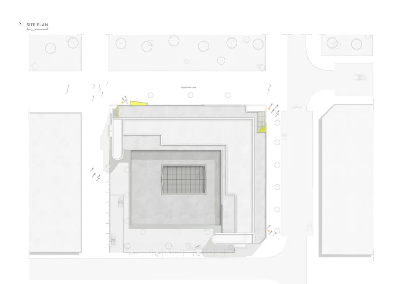 Top-down site plan drawing showing the stepped massing with central courtyard and perimeter landscaping