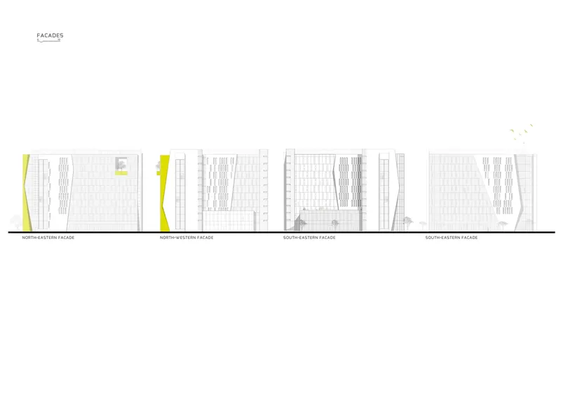 Elevation drawings of four facades showing gridded surfaces, louvered sections, and angled yellow volumes at corners