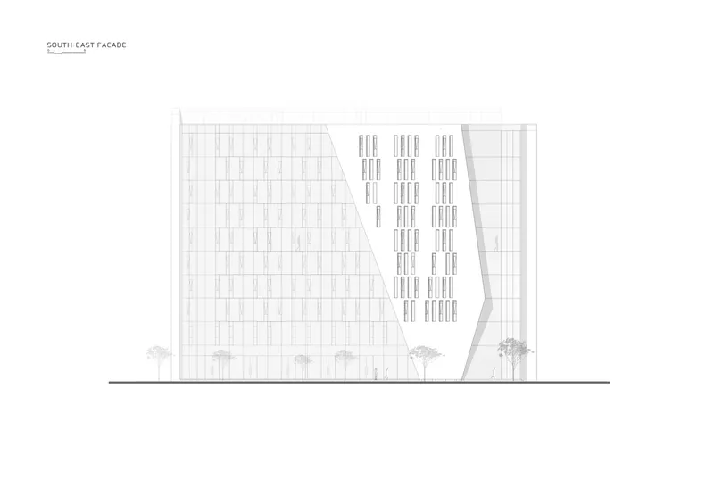 Elevation drawing showing a gridded facade with central louvered bands and an angled corner with trees at ground level