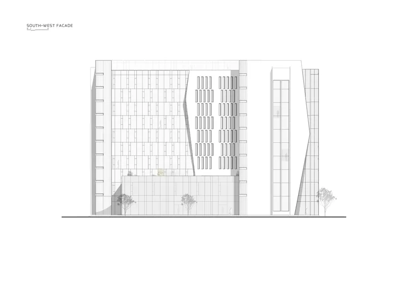 Elevation drawing featuring gridded walls, louvered panels, and an angled tower element with flanking trees
