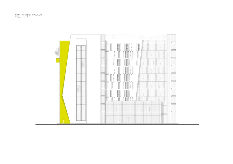 Elevation drawing with a tall yellow angled corner volume alongside gridded and louvered facade sections