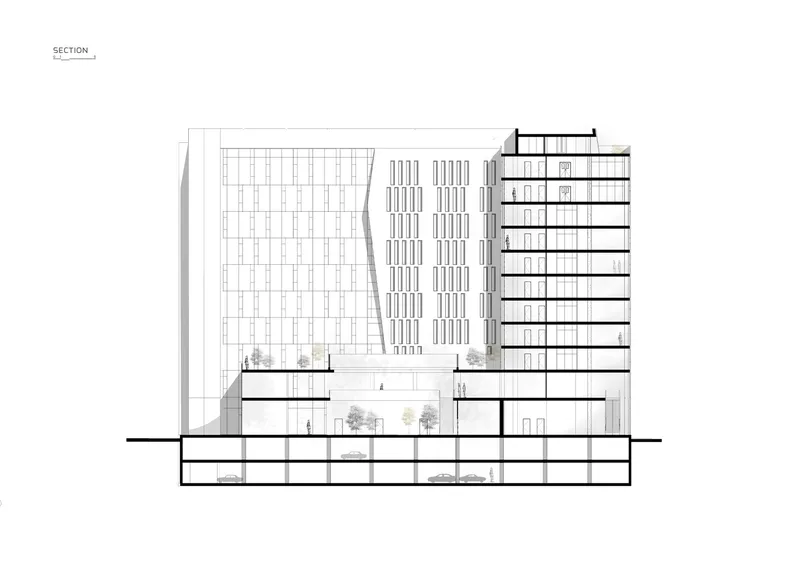 Section drawing showing a multi-story tower with basement levels and a curved facade element