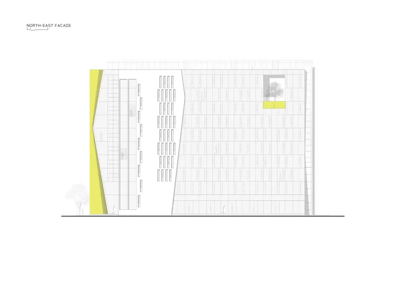 Elevation drawing of the facade with an angled yellow corner element and gridded wall with louvered panels