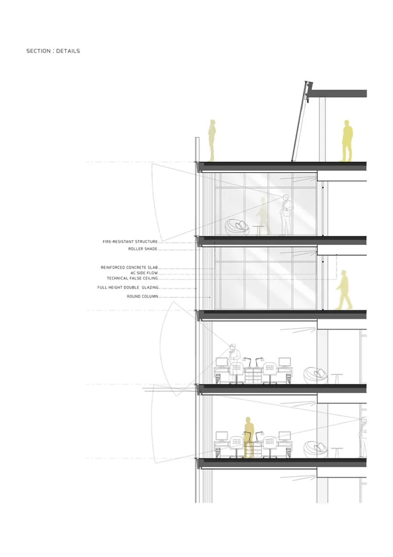Detailed section drawing revealing residential units with figures, furnishings, and annotated floor and structural assemblies