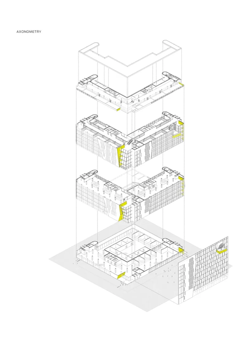 Axonometric drawing illustrating four exploded floor levels with yellow highlighted circulation cores and mesh facade elements