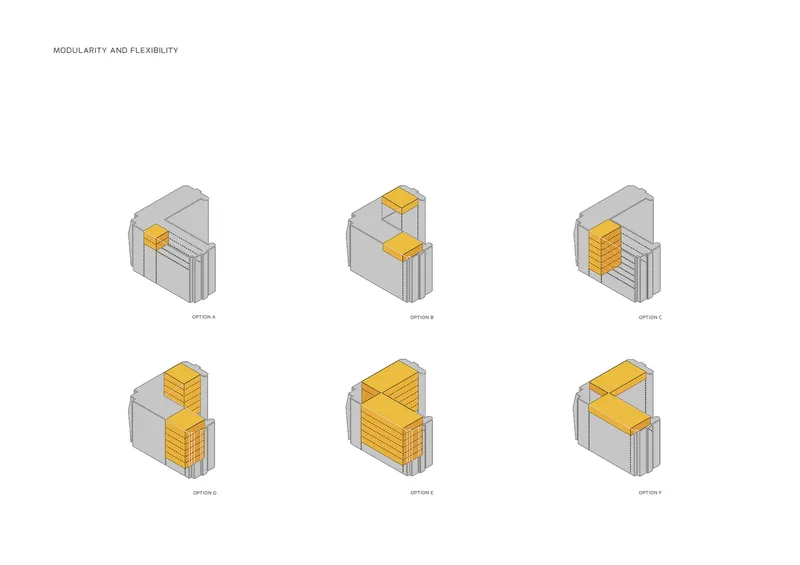 Isometric diagrams presenting six modular configuration options with yellow volumes inserted within grey building masses