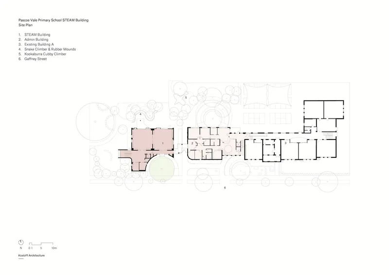 Site plan drawing showing multiple building volumes arranged among circular tree canopies along a linear site