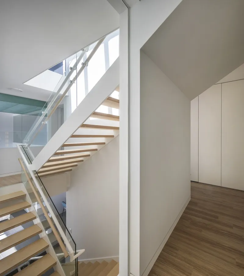 Open timber staircase with glass railings rising through a double-height volume beneath a skylight