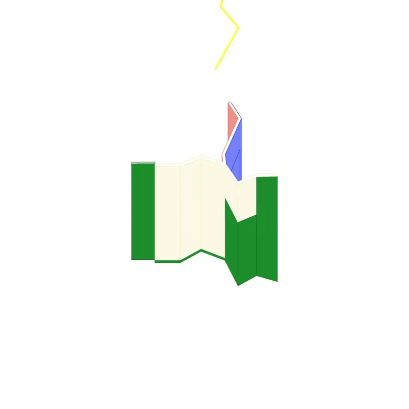 Axonometric drawing showing green and cream volumes with a red and blue element and yellow lightning above