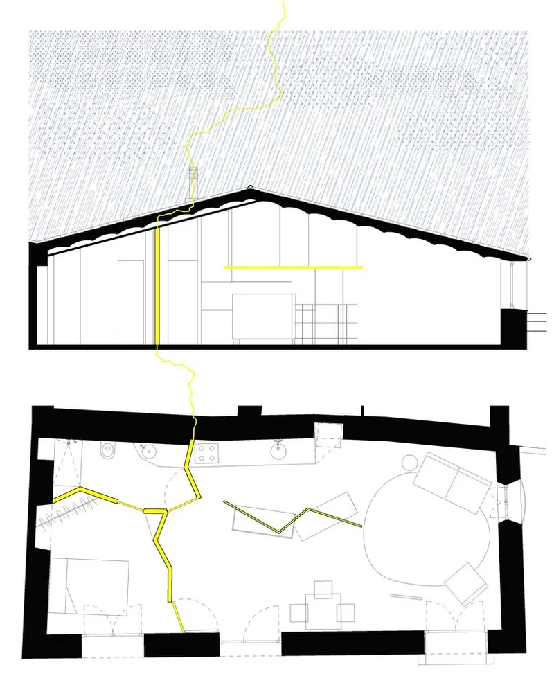 Section and plan drawings showing a pitched roof structure with yellow zigzag circulation path