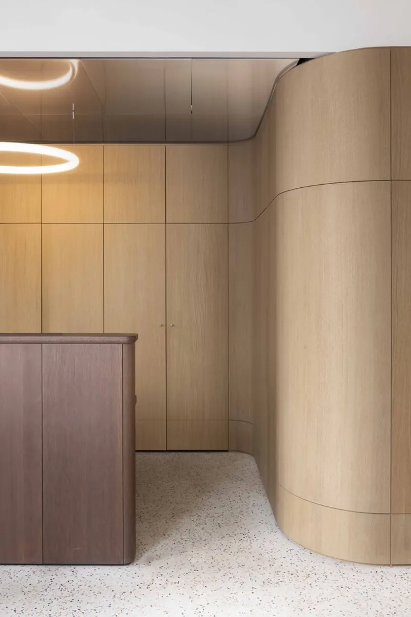 Corner detail showing curved light timber paneling meeting terrazzo flooring and pendant light above