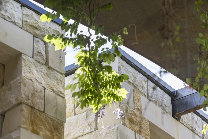 Detail: under the steel ring beam, sandstone column meeting the metal frame, vines growing in the joint