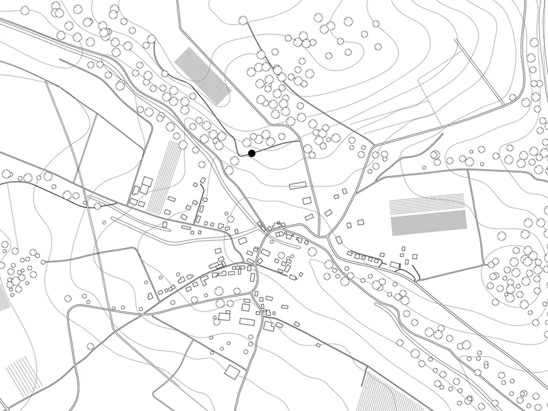Site plan: chapel location on the hilltop above the village, contour lines and existing buildings