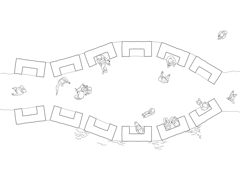Plan diagram: oval ring of column boxes with figures showing how people sit and lie around the space