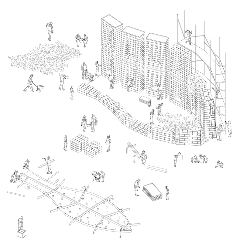 Construction axonometric: workers building the stone columns and steel ring beam, materials laid out around
