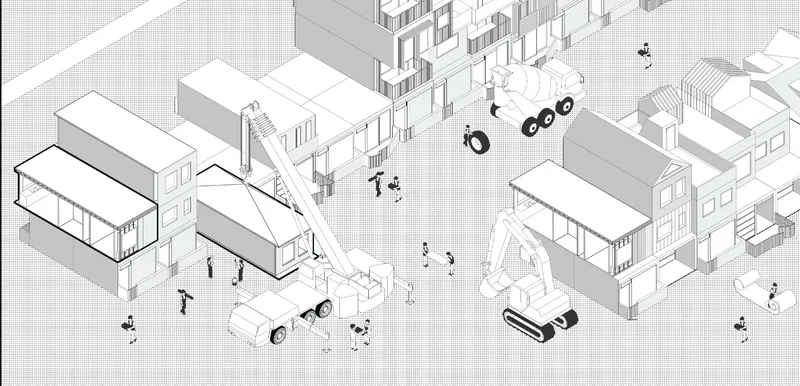 Construction axonometric showing a crane assembling modular units on site, delivery trucks, workers, and different module types being placed to form the housing cluster