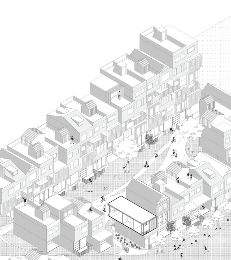 Neighbourhood axonometric: a cluster of varied modular houses arranged around a central open space with people, ground-floor shops, and a mix of building heights