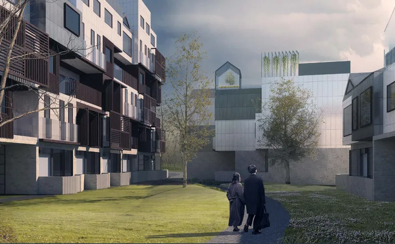 Modular housing clusters arranged around a shared green lawn with varied heights, materials, and roof forms, a couple walking through the communal garden under an overcast sky