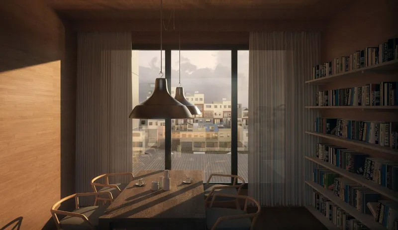 Interior of a timber-lined module at dusk: a pendant lamp over a dining table, a wall of bookshelves, and a floor-to-ceiling window looking out across the neighbourhood
