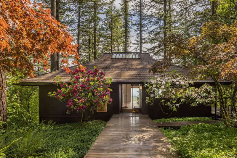 Timber boardwalk leading to dark-clad entrance beneath flowering trees in a forest setting