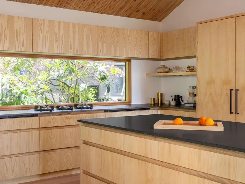 Kitchen with plywood cabinetry and horizontal window framing a view of leafy vegetation outside