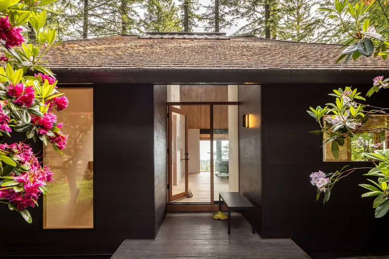 Entry facade in matte black cladding with glazed pivot door framed by blooming rhododendrons and pine trees